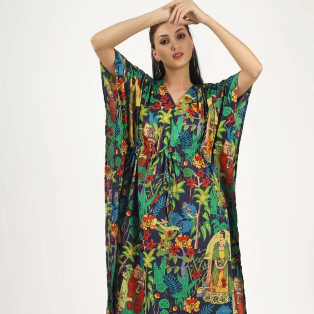 BRAND NEW Blue Frida Kahlo Hand Block Printed Kaftan Cotton summer Maxi dress